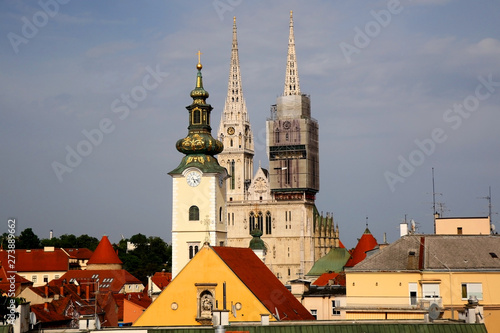 Panoramic view of Zagreb, Croatia with landmark Cathedral of the Assumption of the Blessed Virgin Mary and St. Mary Church.  © jelena990