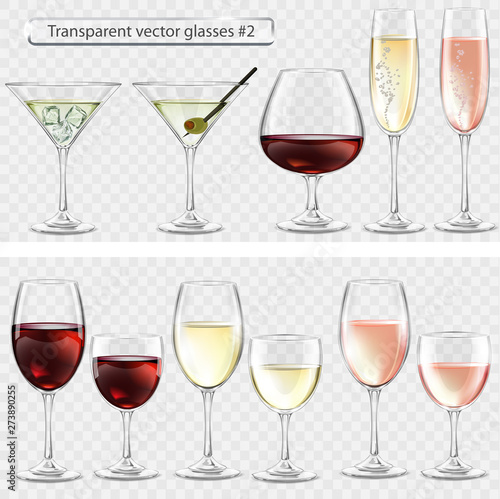 Set of transparent vector glass goblets for wine bar. Drinks of wine, brandy, champagne, martini 