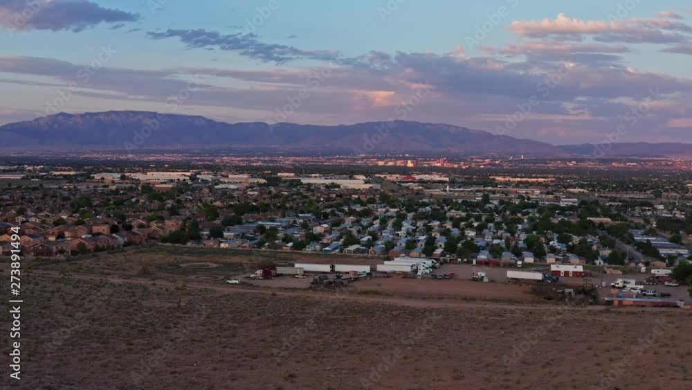 Stunning drone aerial shot of Albuquerque New Mexico suburbs Toward Sandia Mountains. Stunning drone aerial shot of Albuquerque New Mexico suburbs Toward Sandia Mountains.