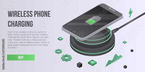 Wireless phone charging concept banner. Isometric illustration of wireless phone charging vector concept banner for web design