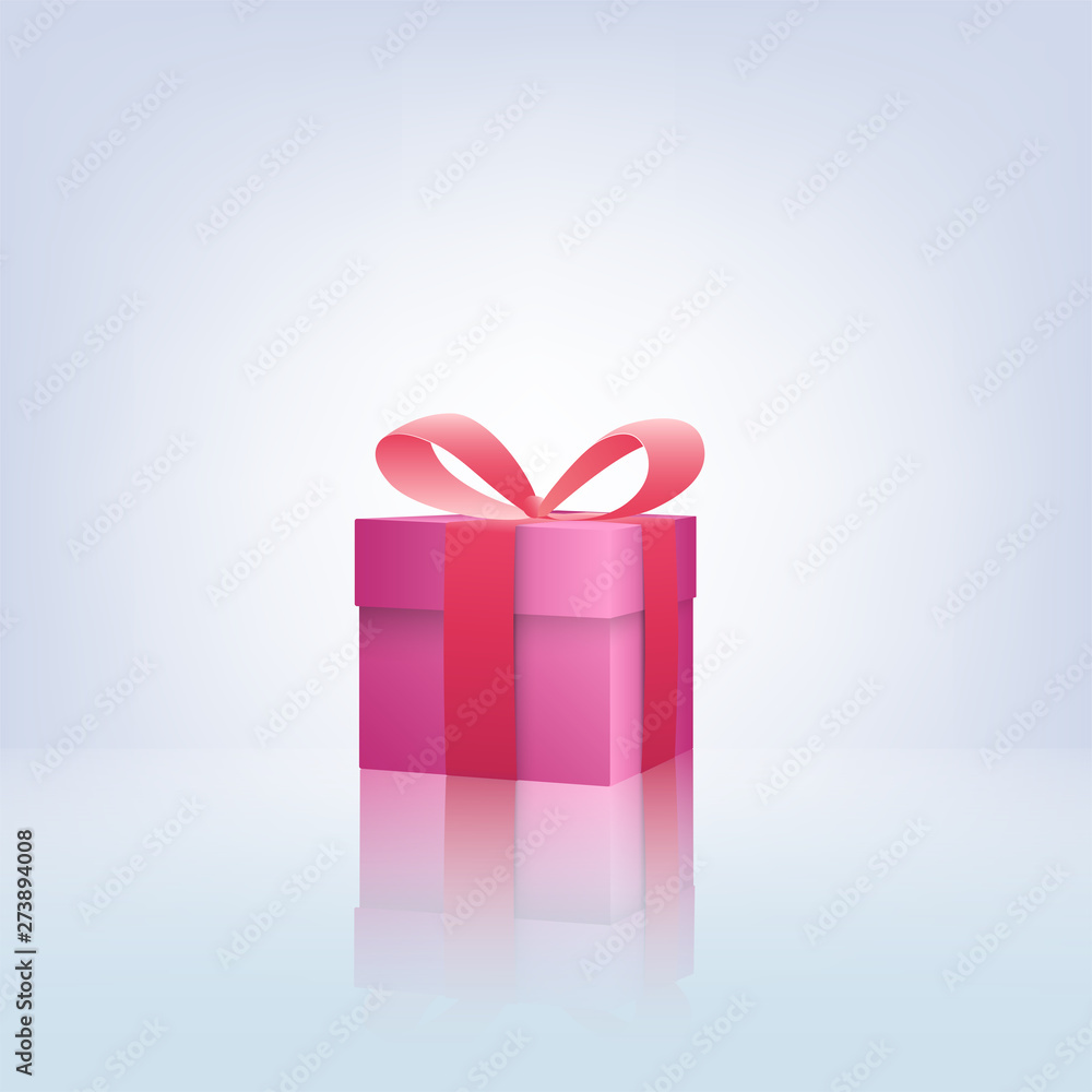 Obraz premium Decorative pink gift box with violet bow and ribbon isolated on white background. With reflection. Vector illustration