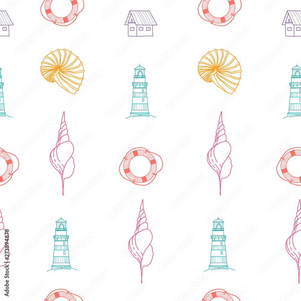Seamless pattern with seashells, lighthouse, lifebuoy and house. Marine theme. Linear illustration. Hand-drawn vector. Seamless pattern with seashells, lighthouse, lifebuoy and house. Marine theme. Linear illustration. Hand-drawn vector.