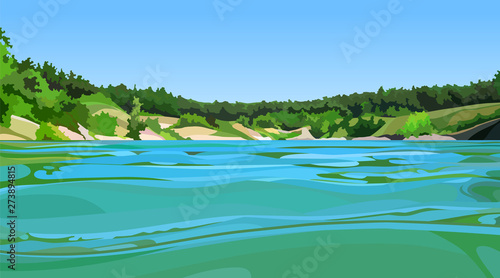 summer landscape of blue lake with wooded shore photo