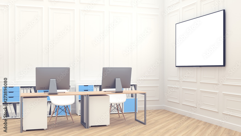 Large white screen for presentations. Modern 3d render with office interion white background for lifestyle design. Modern loft interior. Office Comfortable workplace. Loft desk space. Loft style room. Large white screen for presentations. Modern 3d render with office interion white background for lifestyle design. Modern loft interior. Office Comfortable workplace. Loft desk space. Loft style room.