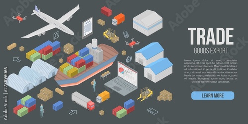 Trade goods export concept banner. Isometric illustration of trade goods export vector concept banner for web design