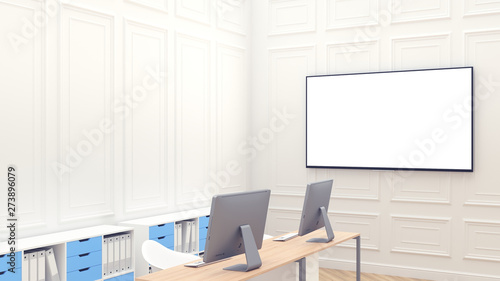 Wallpaper Mural Modern clean workspace mockup with blank big screen on the whall. Modern white office. Two jobs. wooden countertops. decor on the walls. 3d render Torontodigital.ca