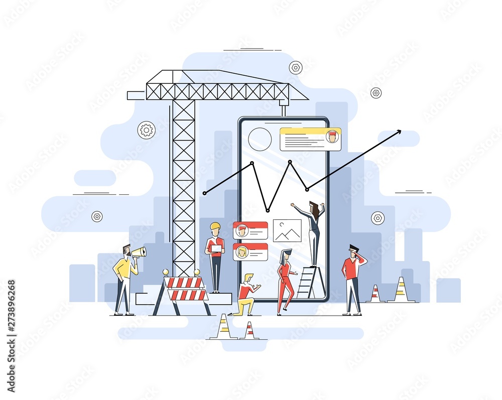 Thin line flat design of mobile app construction site, smartphone user interface building process, api coding for phone application. Modern vector illustration concept, isolated on white background.