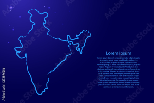 India map from the contour blue brush lines and glowing stars on dark background. Vector illustration.