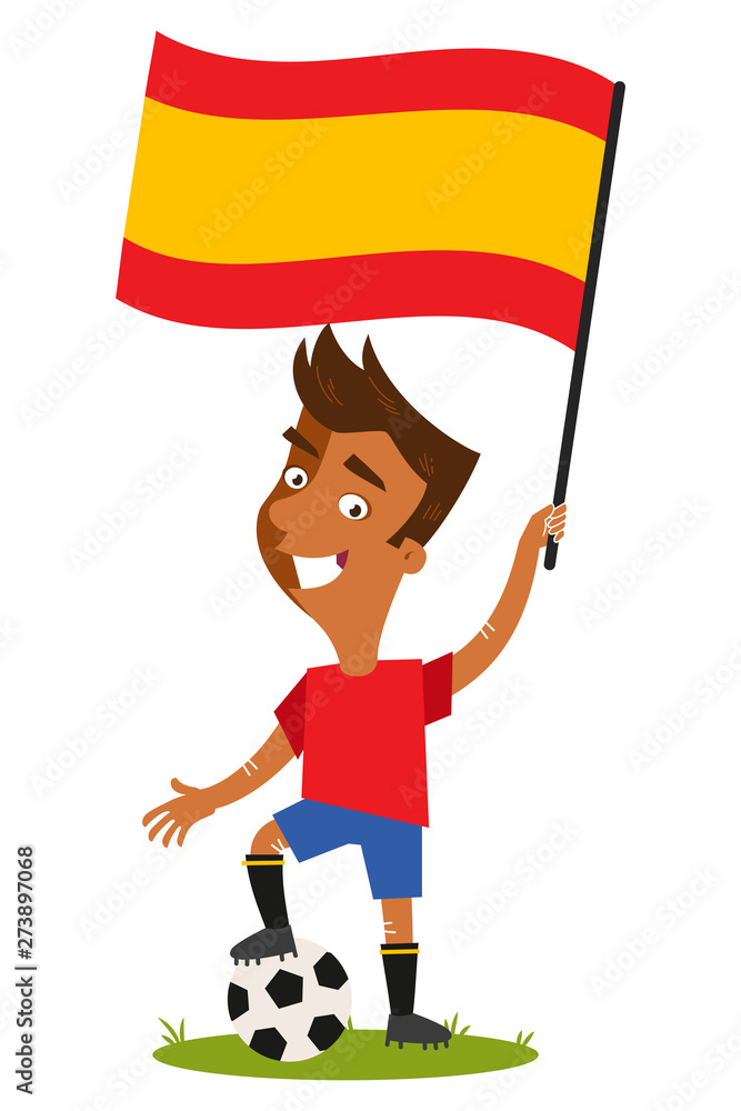 Cartoon football player for Spain holding Spanish flag Stock Vector
