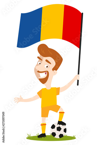 Cartoon football player for Romania holding Romanian flag