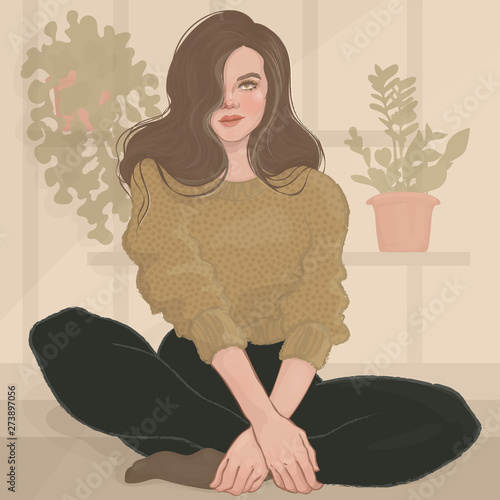  illustration of a beautiful girl in a green sweater sitting on the floor on a background of flowers in pots