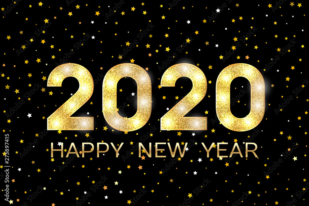 2020 Happy New Year. Golden numbers and stars on dark background. New Year 2020 greeting card. 2020 Happy New Year. Golden numbers and stars on dark background. New Year 2020 greeting card.