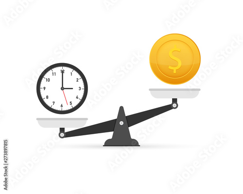 Time is money on scales icon. Money and time balance on scale. Vector stock illustration.