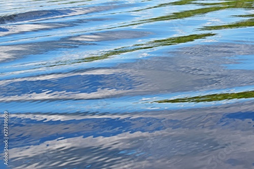 Waves on water.Reflection in the river of blue sky and white clouds.