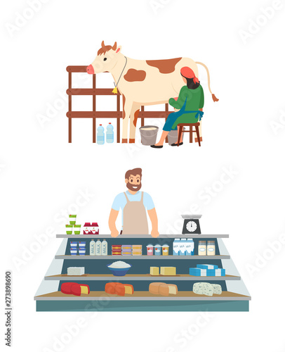 Process of milk production vector, milkmaid with cow and bottles on farm isolated person selling diary products cheese and ingredients on shelves