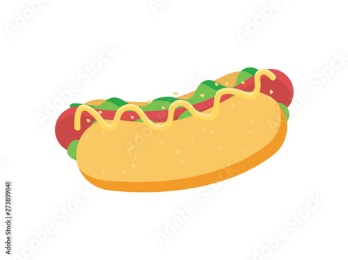 Hot dog food vector, isolated snack made of sausage and vegetables, veggies and bun, junk dish flat style, grilled banger, unhealthy meal cooked lunch