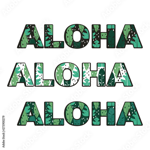 aloha text vector set with tropical exotic leaves 