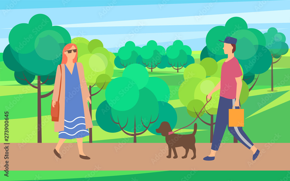 Woman and man with dog on walk in city park. Vector female in sunglasses having fun outdoors. Person wearing casual clothes and cap with domestic animal Woman and man with dog on walk in city park. Vector female in sunglasses having fun outdoors. Person wearing casual clothes and cap with domestic animal