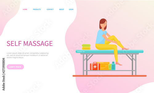 Woman making self massage, girl sitting on table with towels and cosmetics. Healthcare and relaxation of person, treatment and therapy, web page vector
