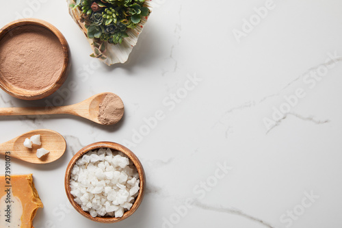 Top view of clay powder and sea salt in wooden bowls and spoons on marble table near succulent and soap