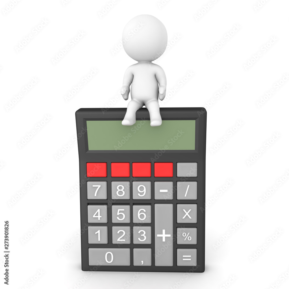 3D Character sitting on top of retro pocket calculator 3D Character sitting on top of retro pocket calculator