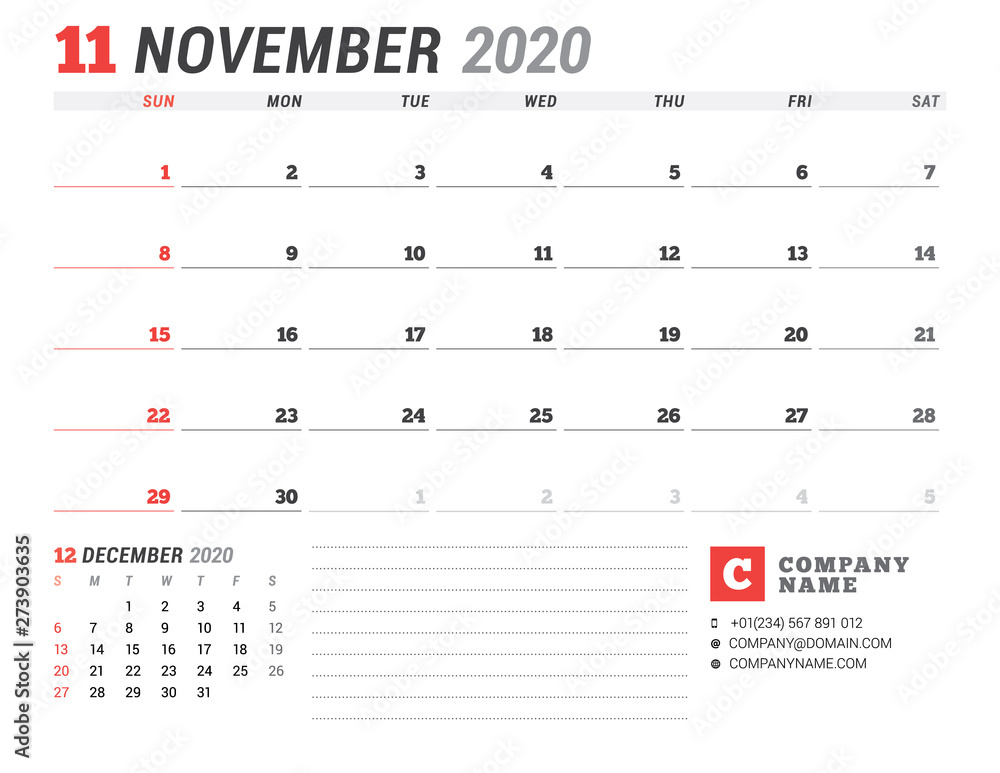 Calendar template for 2020. Business planner. Stationery design. Week starts on Sunday Calendar template for 2020. Business planner. Stationery design. Week starts on Sunday