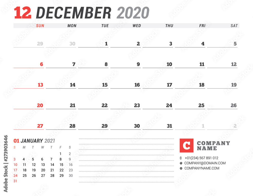 Calendar template for 2020. Business planner. Stationery design. Week starts on Sunday Calendar template for 2020. Business planner. Stationery design. Week starts on Sunday