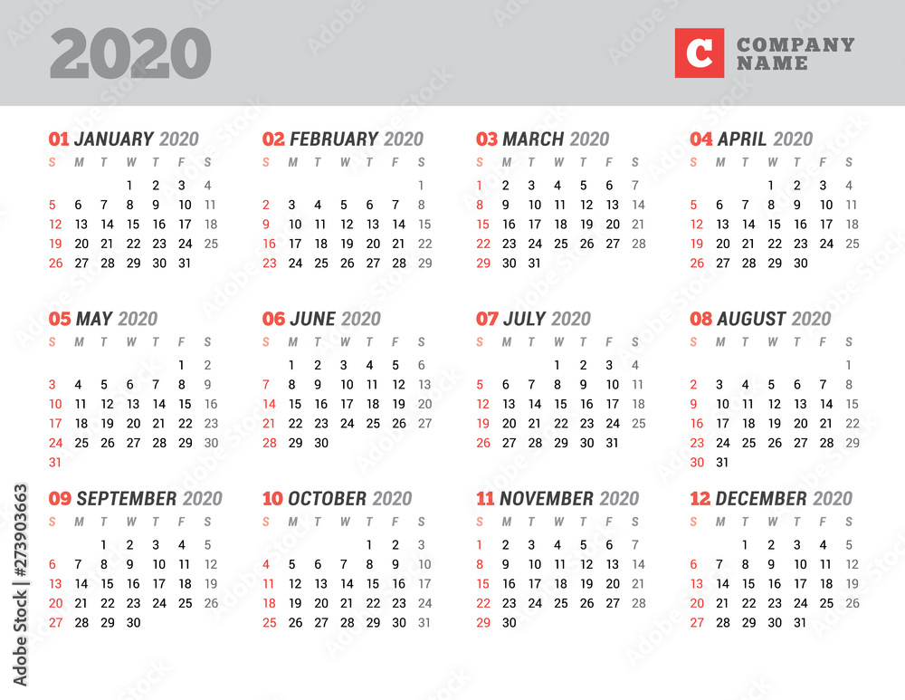 Calendar template for 2020 year. Stationery design. Week starts on Sunday. Vector illustration Calendar template for 2020 year. Stationery design. Week starts on Sunday. Vector illustration