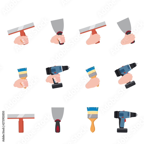 Hand hold tools paint roller brush, putty knife, spatula, brush, electric screwdriver, paint bucket repair tool