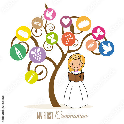 first communion card. Girl reading the bible under a tree