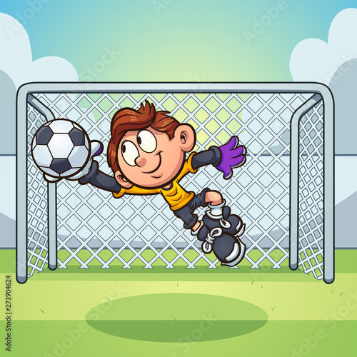 Cartoon goalie boy catching a soccer ball clip art. Vector illustration with simple gradients. Some elements on separate layers. 