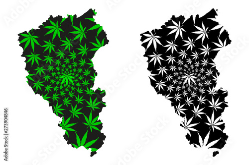 Kemerovo Oblast (Russia, Subjects of the Russian Federation, Oblasts of Russia) map is designed cannabis leaf green and black, Kemerovo Oblast map made of marijuana (marihuana,THC) foliage....