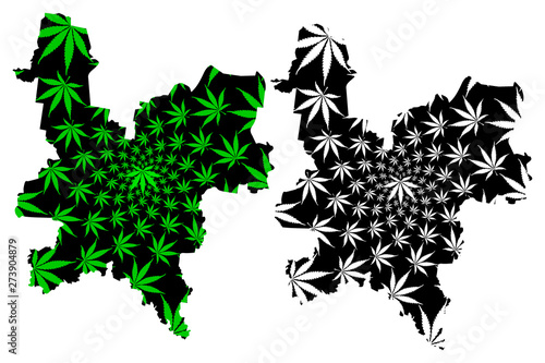 Kirov Oblast (Russia, Subjects of the Russian Federation, Oblasts of Russia) map is designed cannabis leaf green and black, Kirov Oblast map made of marijuana (marihuana,THC) foliage....