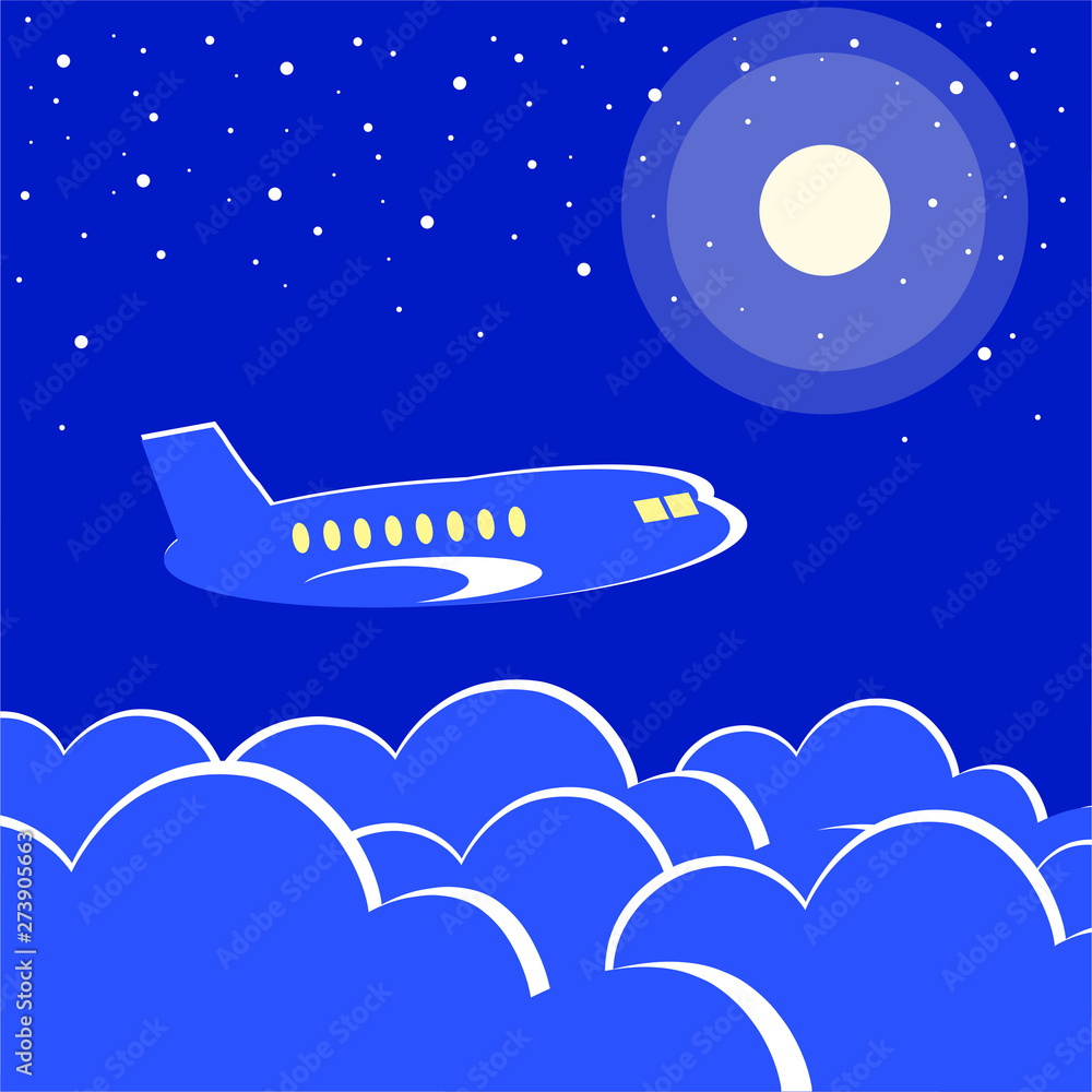 A passenger plane flies over the clouds against the backdrop of the moon and the starry sky A passenger plane flies over the clouds against the backdrop of the moon and the starry sky