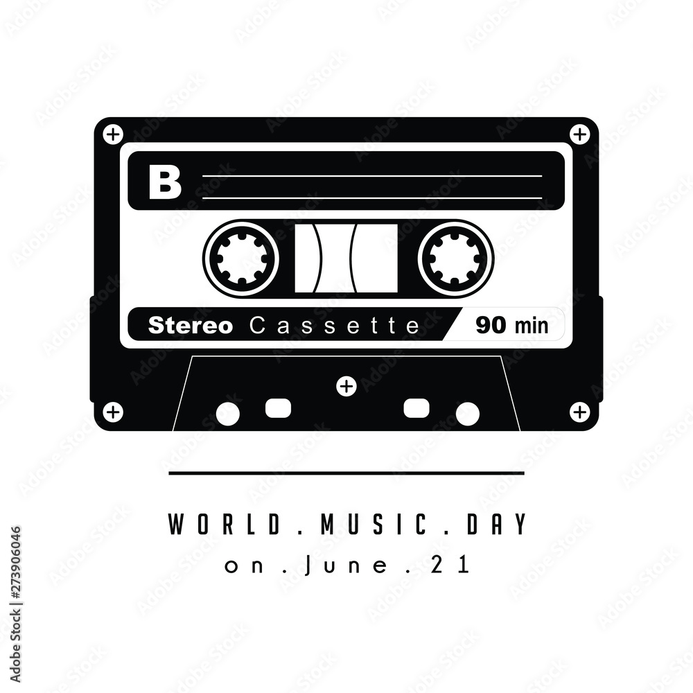 Black and White Retro Cassette Vector design with text world music day Black and White Retro Cassette Vector design with text world music day