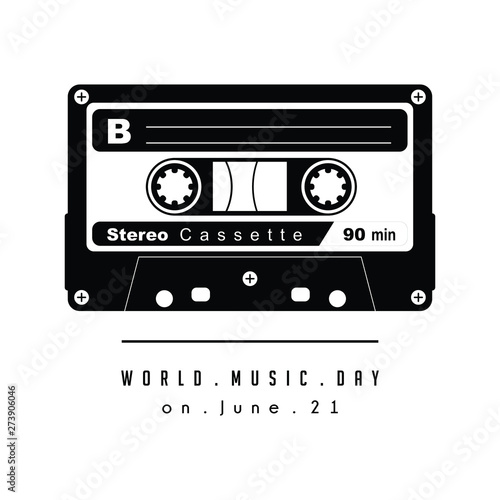 Black and White Retro Cassette Vector design with text world music day