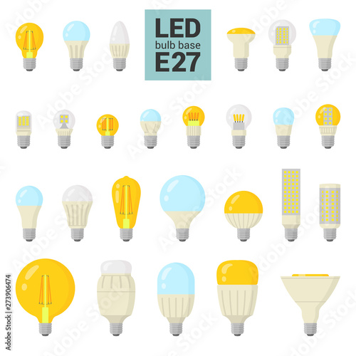 LED light bulbs with E27 base, vector colorful icon set on white background