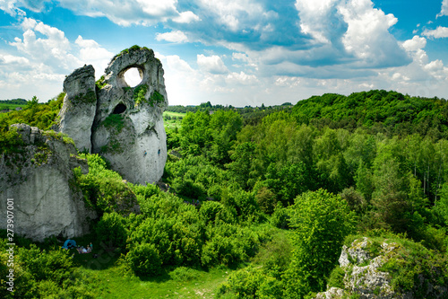 Fototapeta Naklejka Na Ścianę i Meble -  A panoramic view of the unique Okiennik rock in Poland with a large natural window