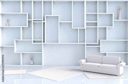 Empty white room decor with shelves wall, tile floor, carpet, branch,sofa. 3D render. The sun shines through the window into the shadows.  © good24