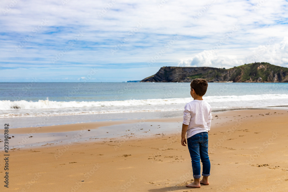 Lonely boy on the beach  looking the horizon