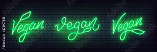 Vegan neon set. Glowing lettering Vegan sign template.