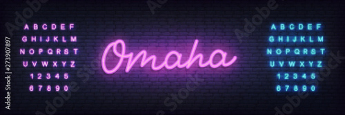 Omaha poker neon sign. Glowing lettering template for poker club.