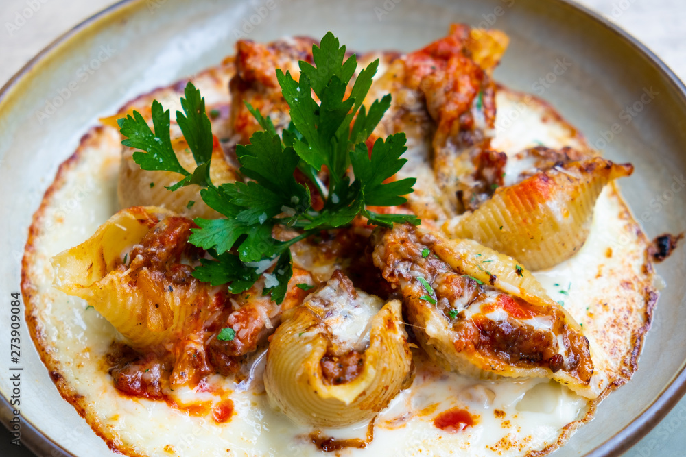 Φωτογραφία close up of a stuffed italian pasta with pork beef ragout and cheese