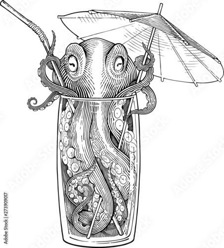 Vector illustration of octopus sitting in a highball glass