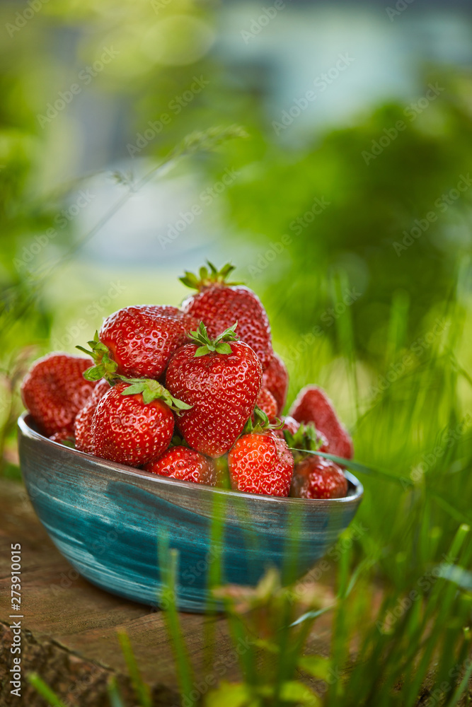 raw fresh strawberries in bowl on stump raw fresh strawberries in bowl on stump