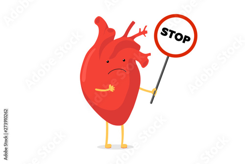 Cartoon human anatomical heart character unhealthy sick emoji sad emotion. Vector circulatory organ with stop sign heart attack concept illustration