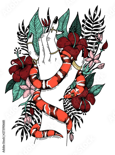 illustration of a Hand with a snake and tropical flowers photo