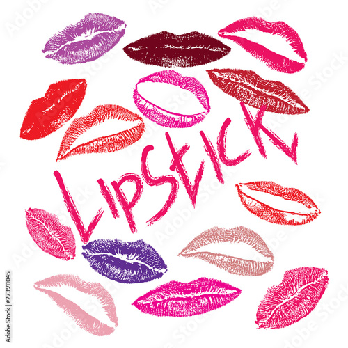 set of colorful kissing lips  and the inscription lipstick. isolated on white background