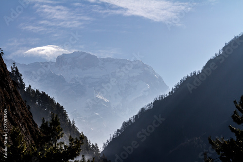 Misty mountains. Morning in Himalayas, Nepal, Annapurna conservation area