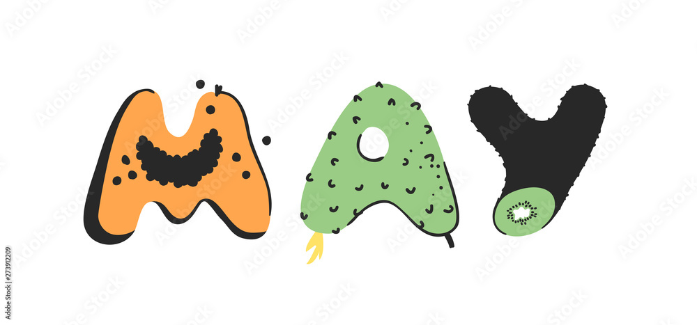 Cartoon vector illustration vegetables and fruits and word MAY. Hand drawn drawing vegetarian food. Actual Creative Vegan art work